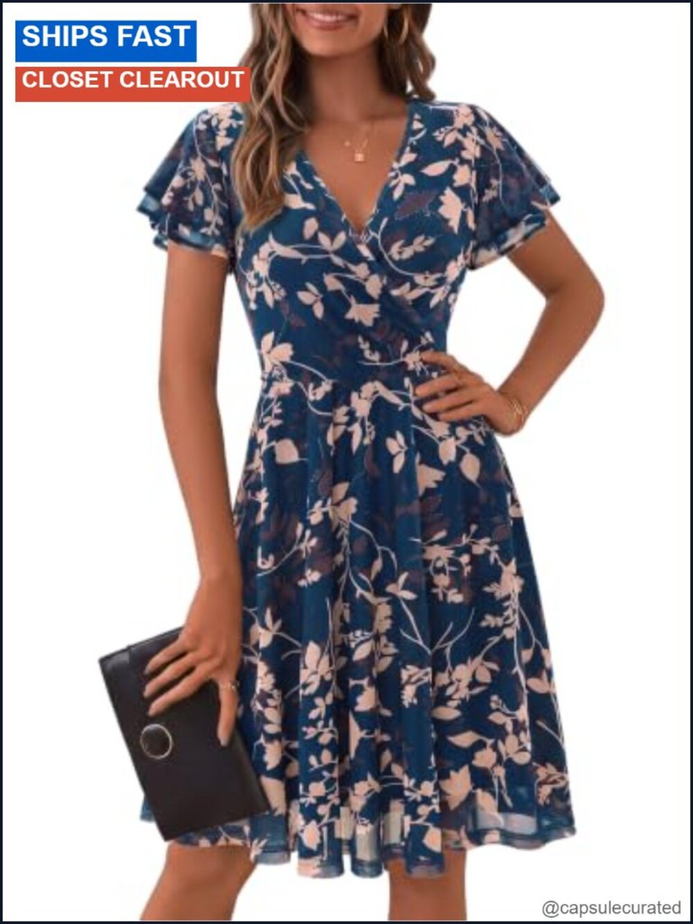 Women's Floral Wrap V-Neck Ruffle Sleeve Knee-Length Mesh Dress Wedding Guest